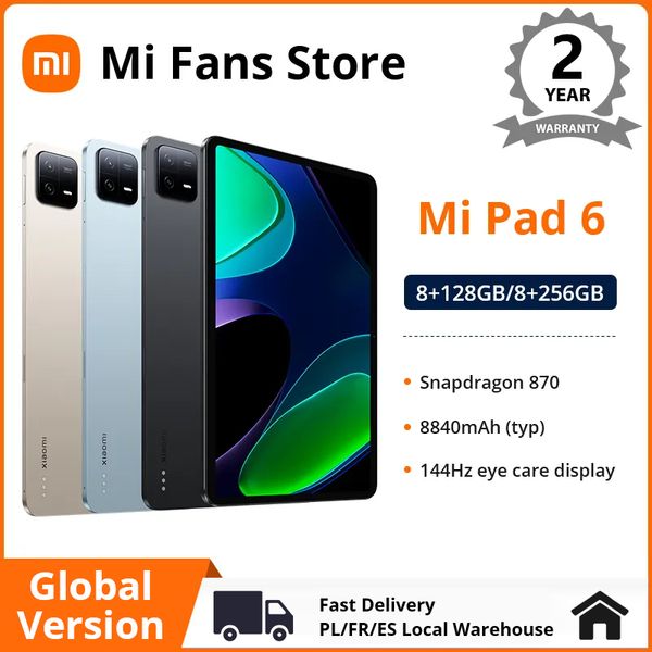 Versão global Xiaomi Pad 6 8GB 256 GB Snapdragon 870 Tablet 33W Charagem rápida 13MP Câmera 8840mAh 144Hz 11 