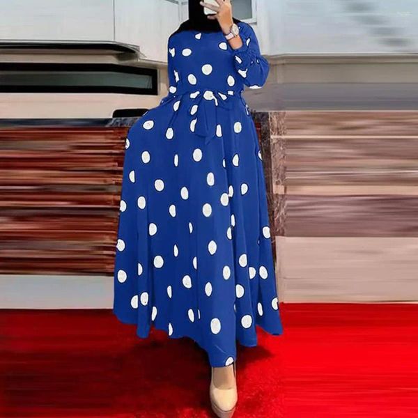 Lässige Kleider Frauen Dot Kleider Vintage-inspiriertes Polka Maxi mit Gürtelhoch Taille Langarm Retro A-Line-Knöchellänge loser Saum