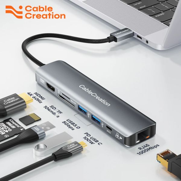 Acessórios Cablecreation 7 em 1 conversor de cubo do tipo C Tipo C com HDMI 4K 60Hz USB 3.0 RJ45 PD 100W Fast Charge SD TF Tipo C Dock para laptop