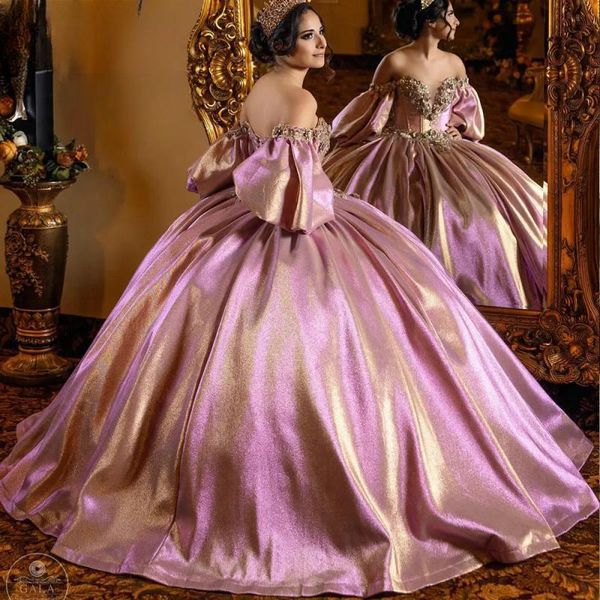 Flores 3D rosa Binceanera vestidos do ombro Apliques de ouro do ombro Lace Corset Ball vestido de bola Sweet 16 15 Robe