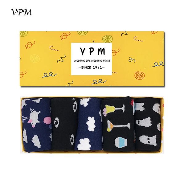 VPM Womens Crew Socken lustige coole Street Black Pig Eye Japanische Neuheit Harajuku Sock für Mädchen Geschenkbox 5 Paare Lot 240408