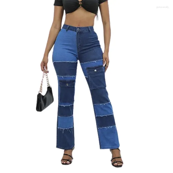 Jeans femininos bloqueando retalhos de retalhos de cintura alta feminina calça jea