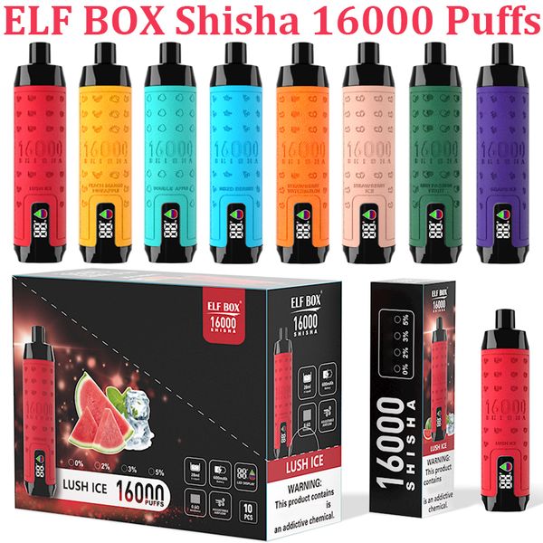 Orijinal Elf Kutusu Shisha 16000 Puflar LED Ekran Tek Kullanımlık Vape E-Cigetettes Puff 16K 28ml Pod 600mAH şarj edilebilir 0% 2% 3% 5% Pen