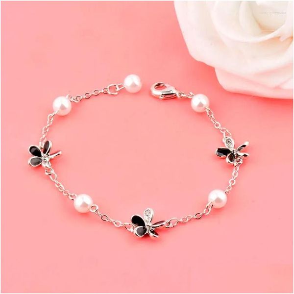 Kettenverbindungsbänder Leeker Korean Fashion Black Emaille Blumenarmband für Frauen Sier Color Pearl Hochzeitszubehör Schmuck 039 L DHMSW