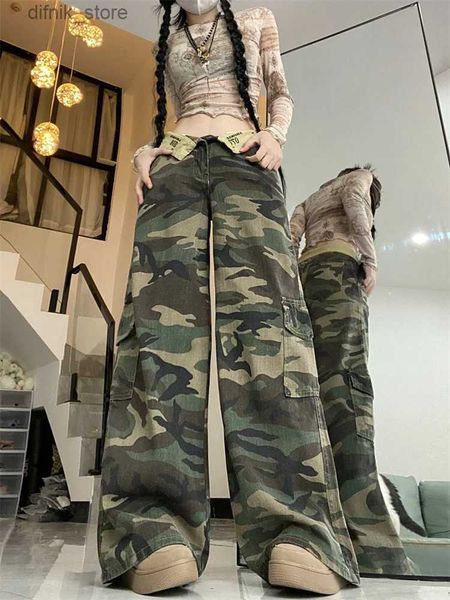 Frauen Jeans Camouflage Ware Jeans Vintage Wide Leg Jeans Damen High Strt High Taille Strwear Fashion Bag Casual Y2K Straight Jeans Y240408