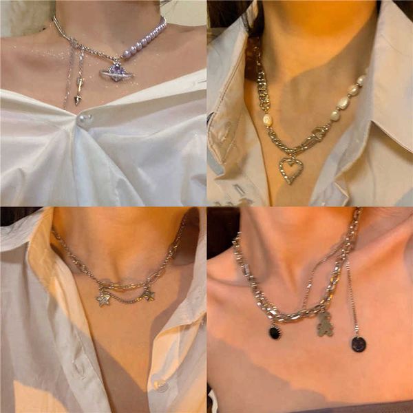 Gewürzmädchen süßes cooles Universum weißer Steinkünstigungen Künstliche Perlen Halskette weibliche Ins Mode doppelte Love Hip Hop Colarbone Kette