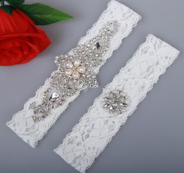 Bridal Strumpfband -Strumpfband Strumpfband weiße Spitze Braut Hochzeit Strumpfband Gürtel 2 Stück Set Spitzen Strasssteine Kristalle Perlen auf Lager billig4577377