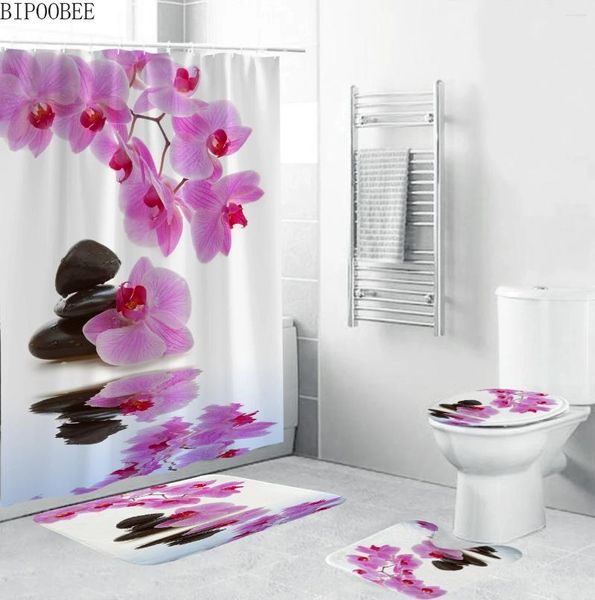 Duş perdeleri Phalaenopsis baskılı perde zen taş çiçekler desen banyo seti kaymaz kaide halı tuvalet kapak banyo mat