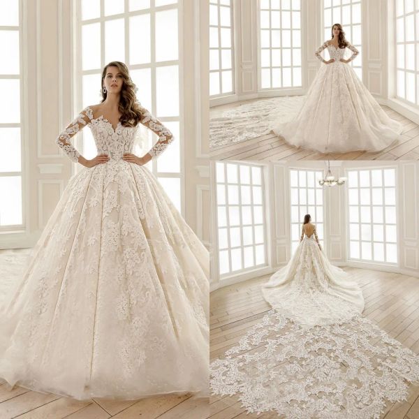 2024 Ball Gown Свадебные платья V nece с длинными рукавами кружев