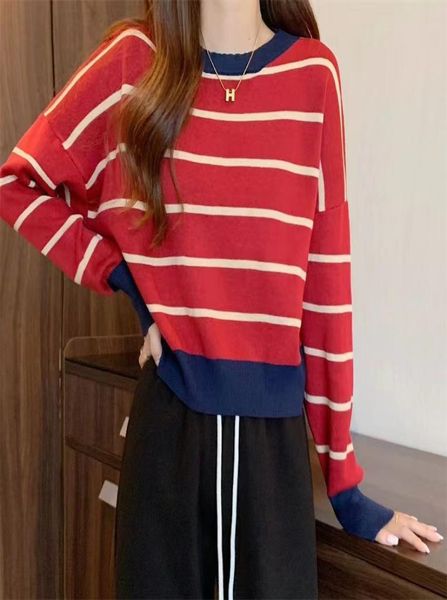 Women039S New Sweater Top Women Women Redond Neck Stripe Pullover de manga curta Slim Fit Knit