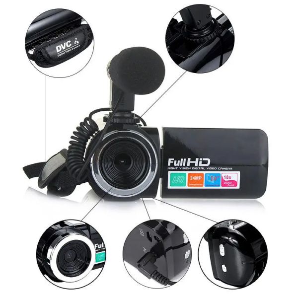 Bağlayıcılar HD Kamera Evi Video Kamera 18x Dijital Zoom 24MP Piksel Gece Görüşü Açık Spor Vlog Taşınabilir Dijital DV Kamera