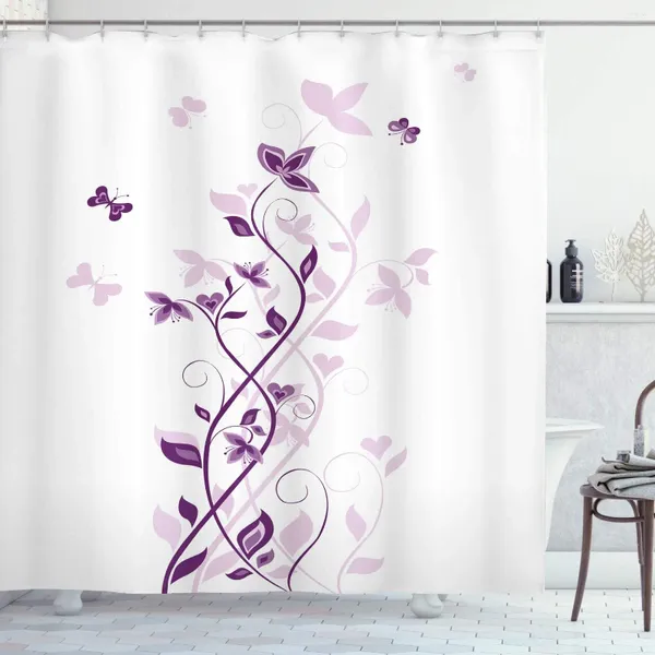 Cortinas de chuveiro cortina roxa violeta rodopiando lilás flores com plantas ornamentais de borboleta Conjunto de decoração de banheiro gráfico