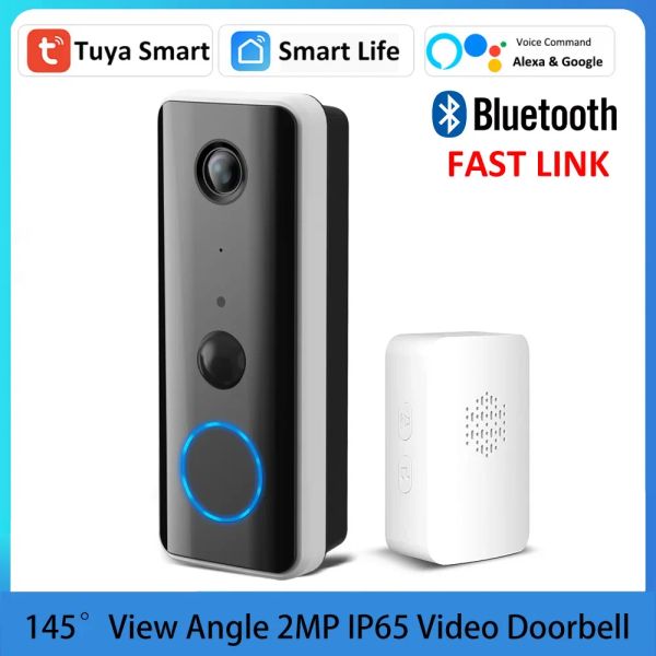 Kapı Zilleri Tuya Smart 1080p 5200mAh Pil 24V AC kablolu 145 ° Bluetooth Bağlantı Dış Mekan Ayrılması Mesajı Alexa Google WiFi Video Kapı Zili Kamera