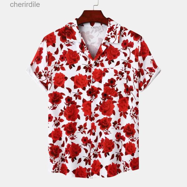 Herren lässige Hemden Herren Freizeitknopf Strand Aloha Shirt Fashion Rose Blumenmuster Sommer Hawaiian Shirt Herren Urlaubsfeiertagsfeiern Kleidung xxx YQ240408