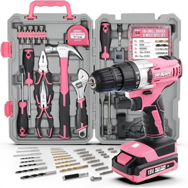 Hispec 81pc Pink 18V Cordless Power Driver Autista completa Kit per utensili manuali da garage per fai -da -te 240407