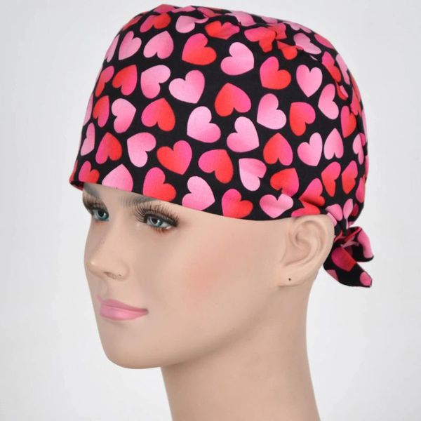 Beret Women Print Scrub Caps Mask Cotton Love Ribbon Serie 02