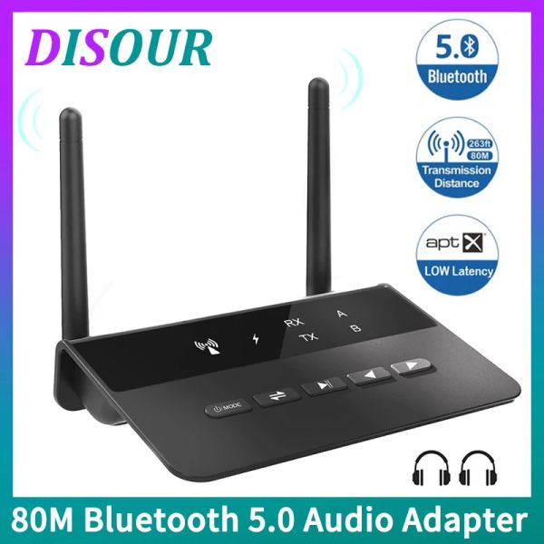 Ausrüstungsabfälle 262ft/80 m CSR APTX LL BT 5.0 Audio -Sender -Empfänger niedriger Latenz Bypass 3,5 mm Aux RCA Wireless Adapter TV -PC