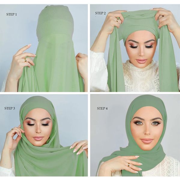 Pino grátis instantâneo chiffon hijab lenço com undercaps mulheres muçulmanas hijabs com tampas internas subdcarf caps islã muçulmano lenço de cabeça 240403