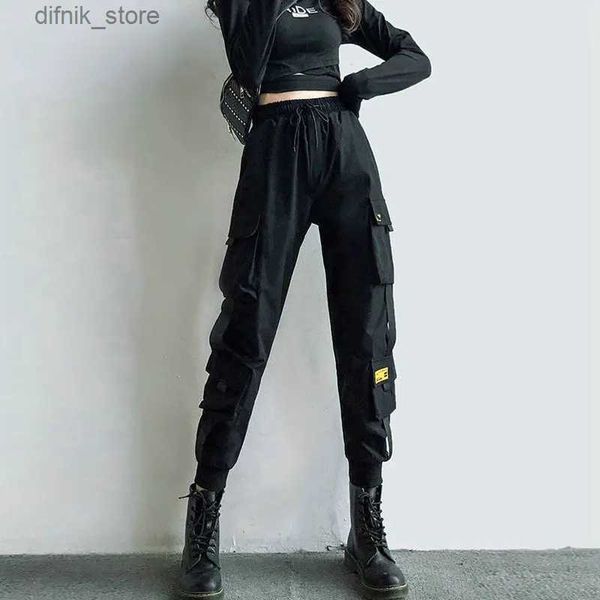 Frauen Jeans Damen Cargo Hosen Schwarze Bandtaschen Jogger Elastische Taille Baumwolle Harajuku Hosen Punk Womens Hosen Harem Hosen Y240408