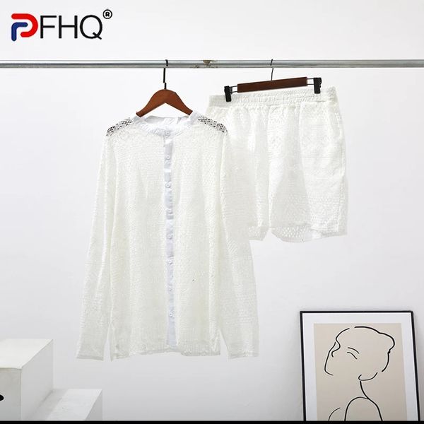 PFHQ 2023 Summer Hollow Out Seksi Dantel Şort Gömlek Setleri Erkek Moda Takım Kıyafetleri Düzenli Zarif Plaj 240326