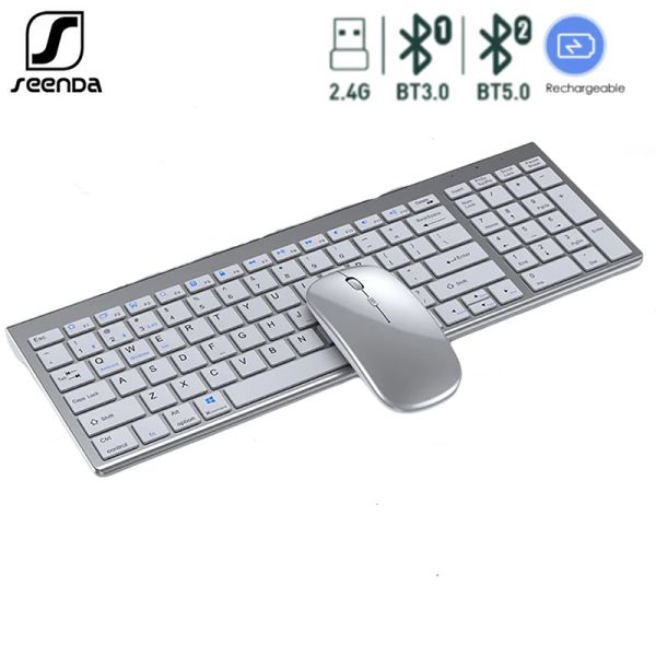 IMPRESSORES SEENDA TECHADO BLUETOOTH sem fio Treno Treno FullSize Teclado sem fio e Mouse Combo Multidevice Recarregável Conjunto de teclado