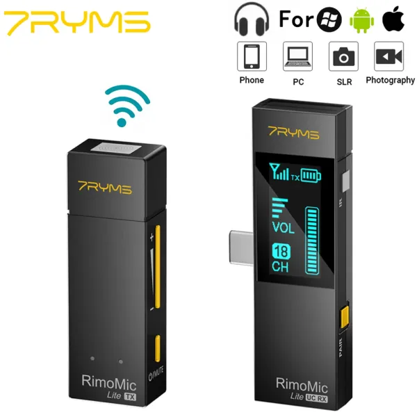 Microfones 7Ryms Rimomic Lite UC Mini Microfone sem fio para USB C Tipo de smartphone Tipo C MIC para gravar streaming de entrevista