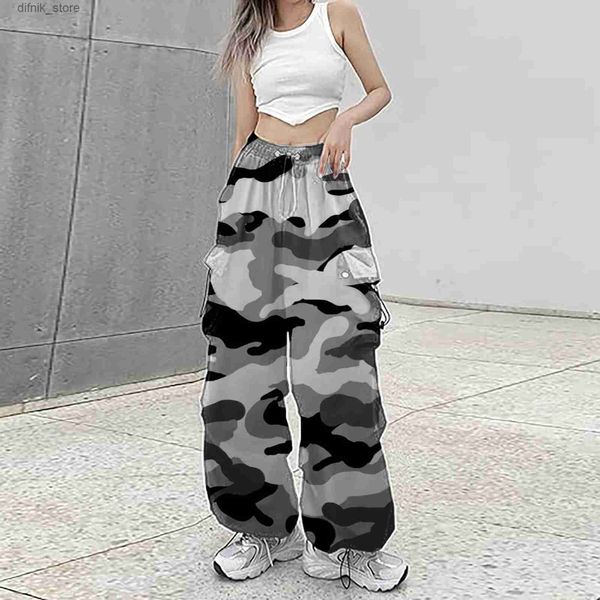 Frauen Jeans American Retro Camouflage Cargo Hosen Harajuku Womens T-Shirt Wide Leg Mens Sommer Neues T-Shirt Lose gerade Style Y240408