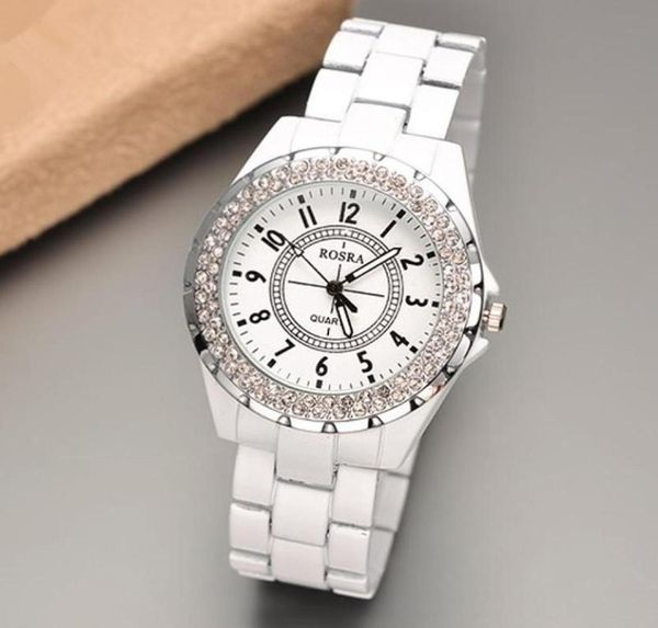 Роскошные женщины смотрят Rosra Bling Rownestone White Ladies Женские часы Dames Horloges Montre Femme.