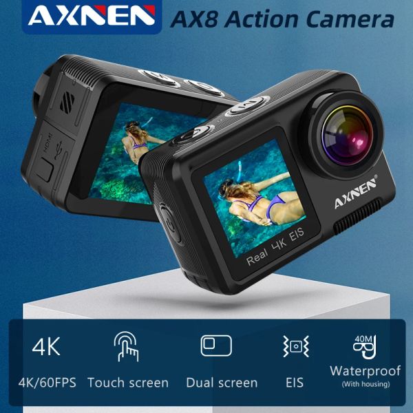 Câmeras Axnen Ax8 Câmera de ação 4k 60fps EIS Gravação de vídeo 20MP Ultra HD Display Dual Dual