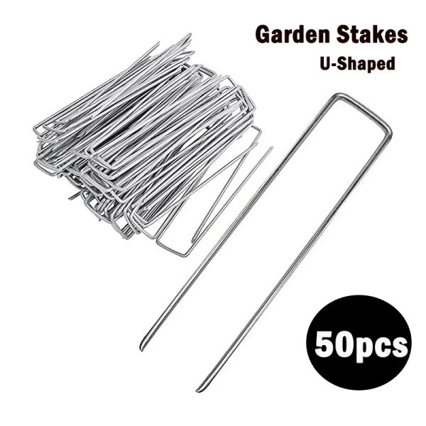 Suporta 50pcs ushaped staples staples de jardim pesado estacas de jardim pinos de paisagem terrestres galvanizados protegem o tecido da paisagem de tecido de ervas daninhas