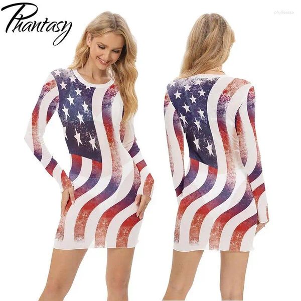 Lässige Kleider Phantasie Holiday Mini Kleid Frauen Mesh sichtbare Crewneck -Scheide Flagge Muster 3D -Prinne Tragen Frühlings Sommerkleidung