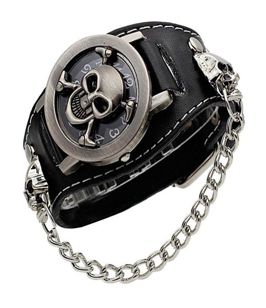 Capa estereoscópica Hollow Black Punk Rock Chain Skull Skeletkes Men Women Bracelet Cuff Gothic Watic Watch Fashion Leather 7937676