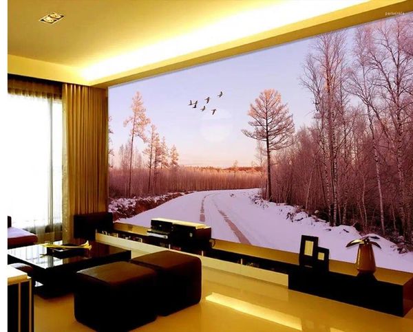 Tapeten Fantasie Tapete 3D -Wand Schnee Birken Wald Hintergrund Wandbilder Sitte