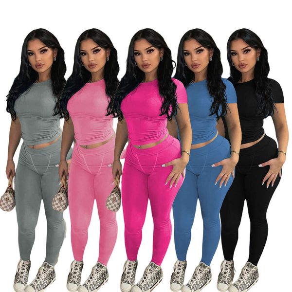 Designer Silm Womens Zwei Stücke Jogger Set neue sexy feste Farbfadensets für Frauen Kurzarm Mode Strumpfhosen Anzüge