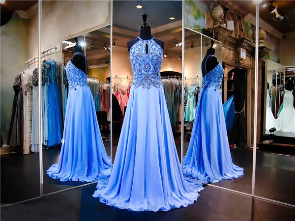 Kleider hoher Ausschnitt Schlüsselloch vordere Hand Perlen Flirty Mieder Periwinkle Chiffon Prom Kleid Offenes Abendkleid Festzug Kleid