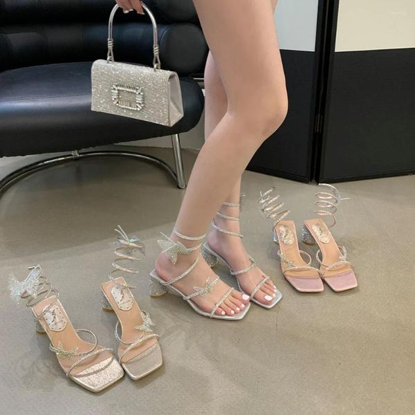 Sandalen Offene Zehen Frauen silberrosa goldene Sommer -Kleiderschuhe Dicke High Heels Kreuzgurt Schmetterling Strass sexy Pumpen Größe 39