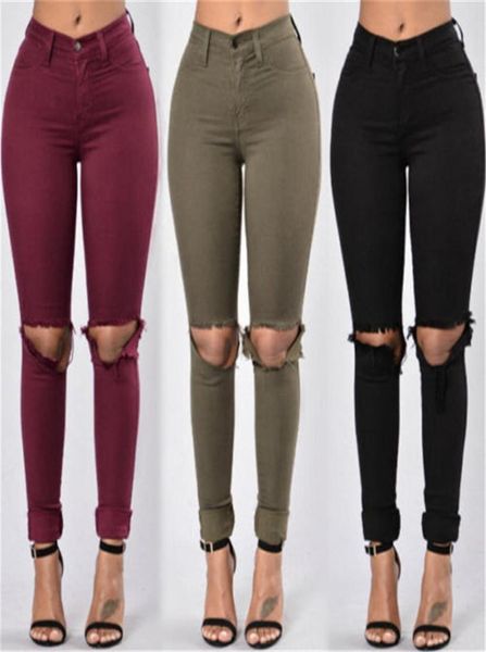 Mulheres negras do Exército Verde Black Lápis Jeans calças de jeans Ripped jeans skinny calça calça jeans alta para mulheres1729525