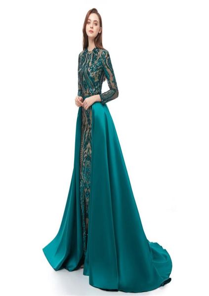 Eremald Green Mermaid Prom Kleider mit abnehmbarem Zug 2021 Luxus -Pailletten Applique Langarm Langarm Spitze Fischschwanz Abend Gown3036884