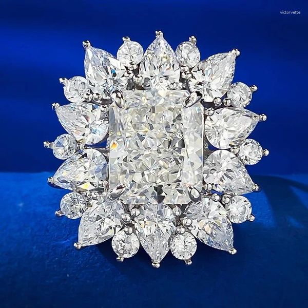 Anelli di cluster S925 Sterling Silver 2024 Diamond di carbonio alto 9 mm Floro rettangolare Fiore Anello da festa in stile europeo e americano