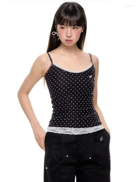 Tanques femininos Houzhou Kawaii Sweet Lace Women Moda coreana Y2K Harajuku Streetwear Polka Dot Printing Slim Tees Tops Soft Gril 2024