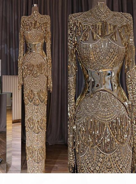 Vestidos formais da noite árabe da sereia de ouro elegantes 2019 vestidos noturnos do Oriente Médio Vestidos noturnos Robe de tamanho grande de Soiree ABENDKLEID3037930