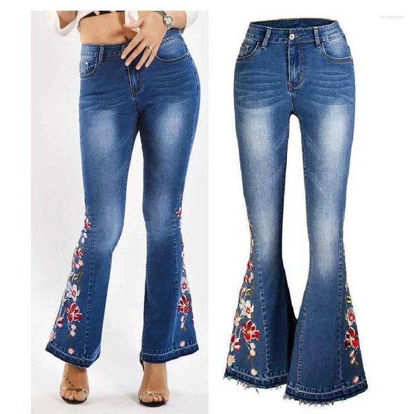 Jeans femininos Flor bordada magra para mulheres calças de perna larga jeans retro