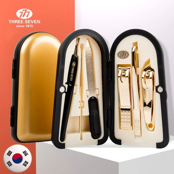 Комплекты Три Семь/777 6pcs SET Luxury Manicure Nail Clippers Комплект Trimmers 14k Goldplated Professional Pedicure Tools Подарки