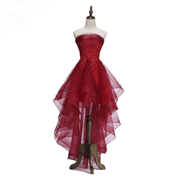 Beliebtes Mode neu eleganter Wein Red Cocktail -Kleid Braut Bankett trägerloser kurz vordere Long -Back -Party formelle Kleid1430240