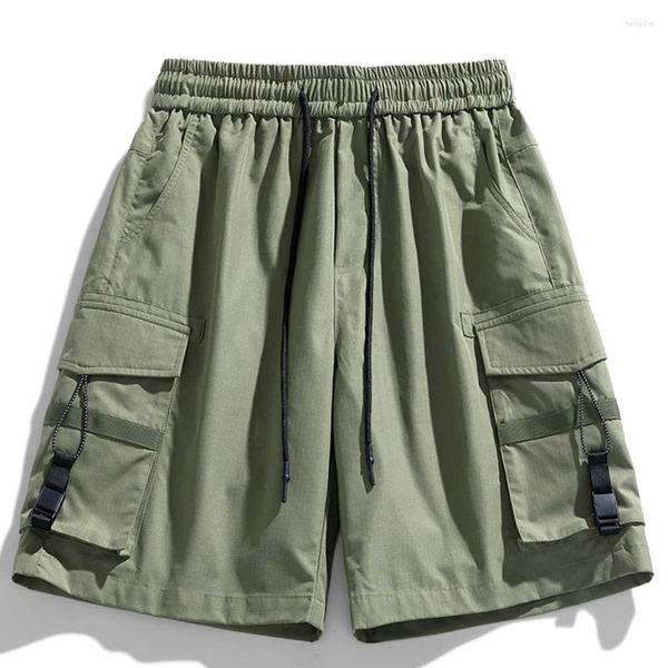 Shorts masculinos Summer Men Pocket Cargo Fashion Casual Calça curta Cantura elástica masculina Verde preto