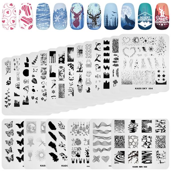 Schatten 20pcs Nagelstempelplatte Süßes Tierblütenblätter Design Nagel Stempel Bildvorlage Geometrie Muster Nagelkunst Schablone Werkzeug