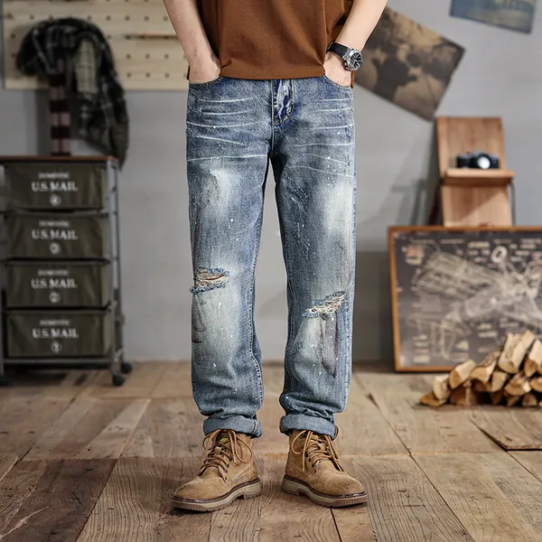 Jeans Ripped Hole de Big Size Men Hole Plus Fat Plus Loose Gord Pants Tamanho 28-48