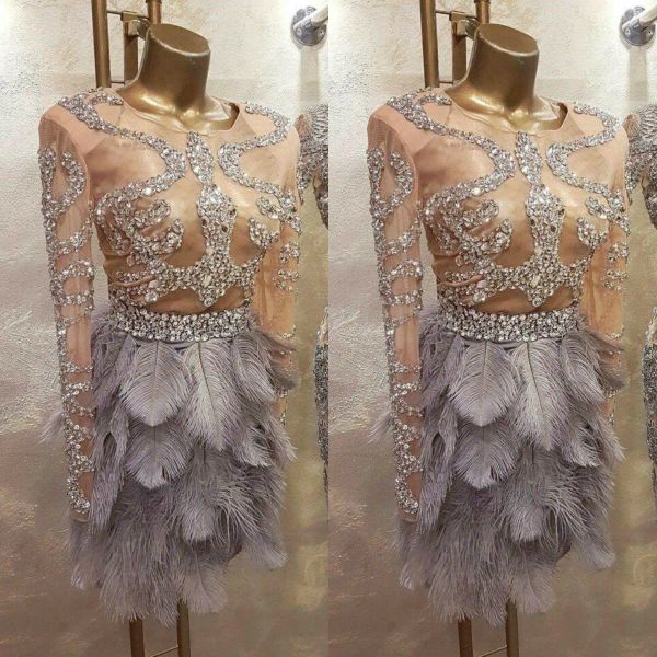 Vestidos ótimos gatsby penas 2020 vestidos de cocktail de manga longa miçangas de baile curto