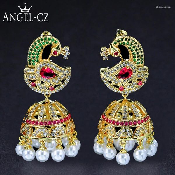 Dangle Ohrringe Angelcz Antike Vintage Boho Ethnic Golden Peacock ads bunte CZ mit Perle Big Statement Party Schmuck ae216