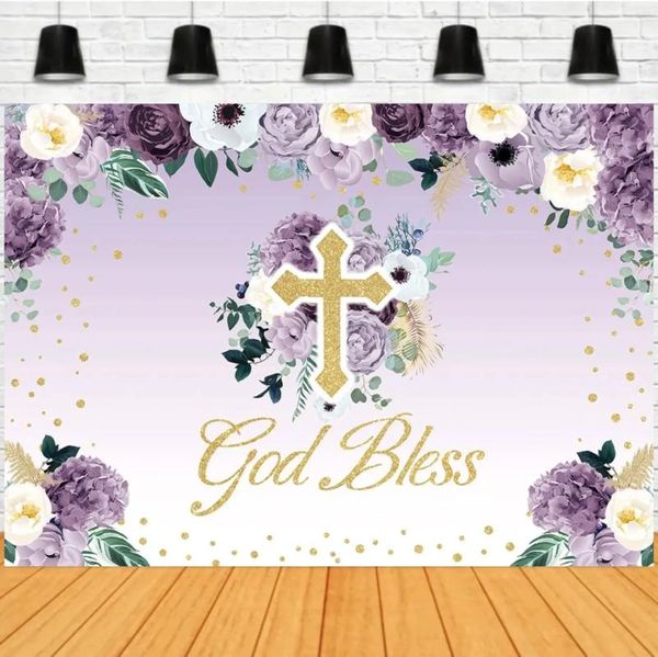 Decorazione della festa Prima Comunione Santa Banner Banner God Bless Bless Atome Battismo Purple Floral Birthday Girls Decor Baby Shower Decor